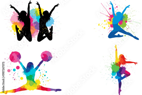 Vibrant Dance and Cheerleading Silhouette Illustrations with Colorful Splashes of Paint, Featuring High-Energy Poses for Active and Dynamic Designs