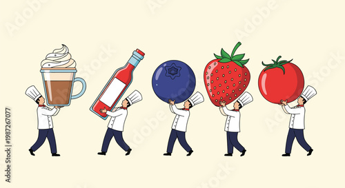 Line of five chefs in uniforms carrying massive food items including a coffee cup, ketchup, blueberry, strawberry, and tomato.