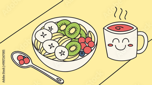 Healthy mindful breakfast concept with bowl of fruits and berries and cup of tea representing balanced nutrition wellness and calm lifestyle in modern flat illustration style