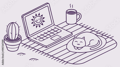 Remote work concept with laptop coffee and cat on cozy workspace illustrating flexibility comfort and productivity in modern flat illustration style