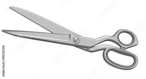 A single pair of sharp stainless steel scissors with black plastic handles is open and isolated on a white background as a professional metal cutting tool for office work