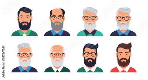 Collection of eight avatars showing elderly men with various beard styles, hair colors, and spectacles in a flat design.