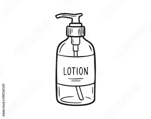 Transparent lotion bottle with pump, handdrawn sketch aesthetic, label reading lotion, minimalist white background, subtle shadow, studio lighting, staged as dermatologist sample for product testing,
