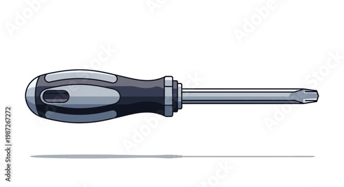 A closeup of an isolated metal screwdriver and steel screw with a black handle on a white background for hardware repair and construction work