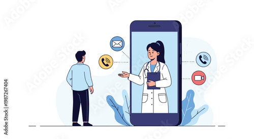 Online medical consultation scene showing a man talking to a female doctor on a large smartphone screen with communication icons.