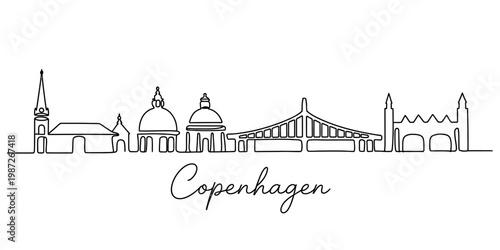 Minimalist continuous line art illustration of the iconic copenhagen city skyline architecture.