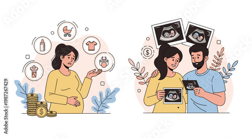 Two panel illustration showing a worried pregnant woman thinking of baby costs and a happy couple viewing ultrasound scans.