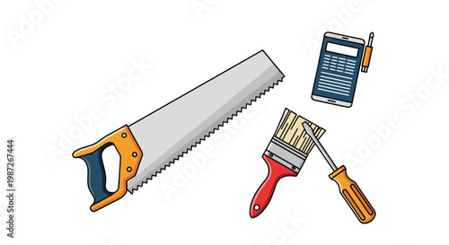 Selection of tools including a hand saw, paint brush, and screwdriver next to a smartphone displaying a calculator app.