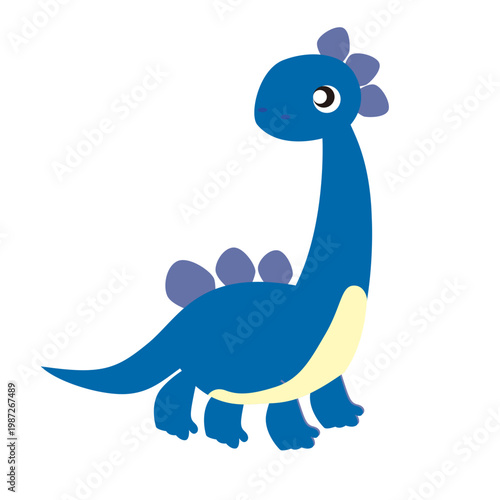 Cute blue cartoon dinosaur with long neck and spikes on its back, isolated on white background.