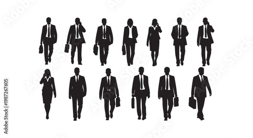 Diverse group of business professionals walking and talking on phones, silhouettes in motion, representing teamwork and communication in corporate environment.