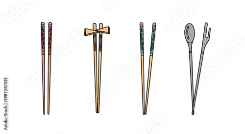 Set of four different types of chopsticks including decorated ones and a unique spoon and fork combination on a white background.
