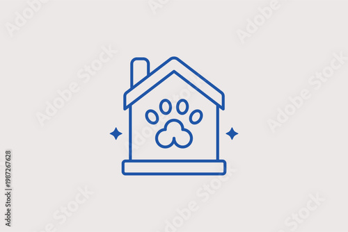 House with a paw print line icon for animal shelters and pet adoption centers. Welcoming Vector Illustration for stray rescue branding and veterinary aid apps.
