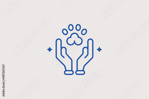 Hands holding a paw line icon for veterinary volunteering and compassionate care. Kind Vector Illustration for animal rights advocacy and therapy materials.