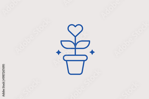 Potted plant with heart leaves line icon for environmental charity and sustainable growth. Green Vector Illustration for eco-philanthropy and nature protection blogs.