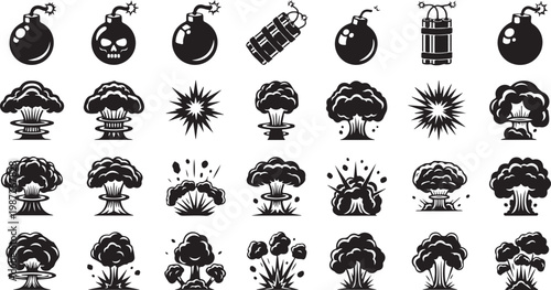 Explosion and bomb collection with various blast effects mushroom clouds and dynamite sticks for comic book design and action illustrations.