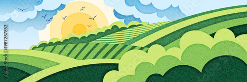 Minimalistic stylized landscape, spring summer view, green meadows and hills, picturesque sky and sun, noisy texture, vector illustration, panoramic view