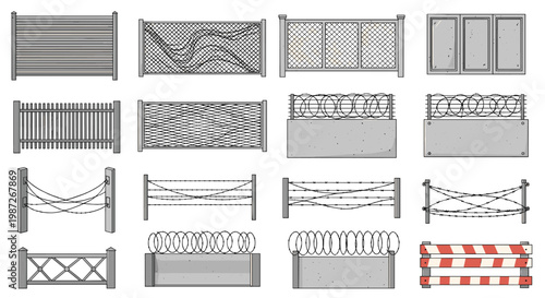 Large collection of sixteen different fence and barrier designs such as chain link, barbed wire, picket, and concrete walls.