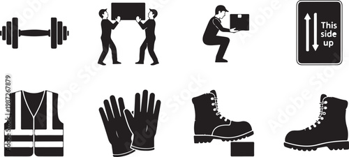 Industrial safety and manual handling icons showing workers lifting boxes wearing protective gear including boots gloves and safety vest.