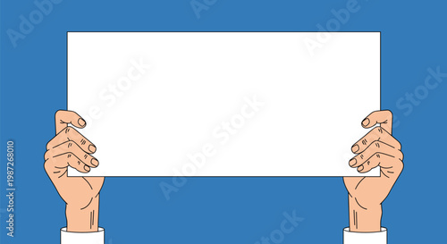 Close up of a person hands holding an empty white rectangular sign board with plenty of copy space on a blue background.