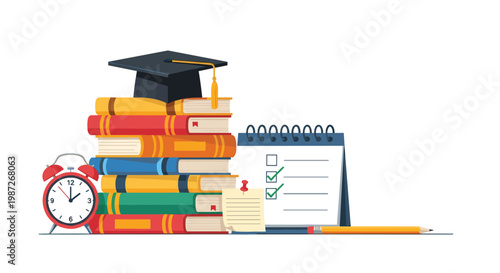 Graduation cap placed on a stack of textbooks with an alarm clock, to do list calendar, and stationery for academic success.