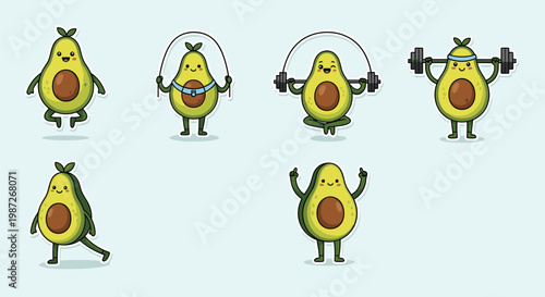 Set of cute avocado characters engaged in different fitness activities such as yoga, jumping rope, and weightlifting.