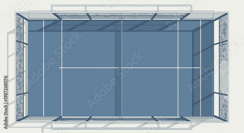 blue tennis court with white lines.