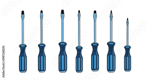 Set of seven different blue handled screwdrivers including phillips and flat head types arranged on a white background.