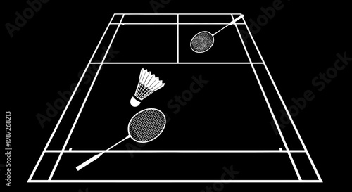 Badminton court with racket and shuttlecock.