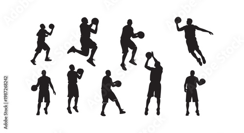 Dynamic silhouettes of basketball players in action capturing sport excitement with dribbling shooting and jumping poses.