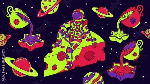 Space Explorer On Cheese Slice Pop Surrealism Flat Illustration With Bold Outlines Graphic Art