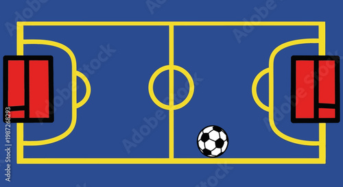 Soccer field with ball and goals.