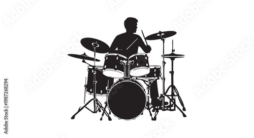 Drummer playing drum kit silhouette with sticks in action.