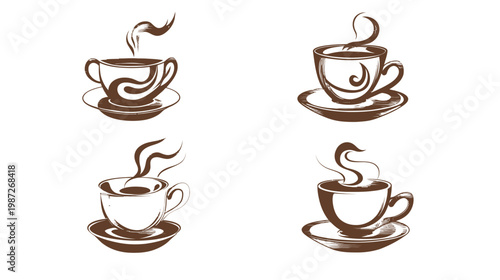 A collection of four drawings, each of a coffee cup with steam rising, on a white background