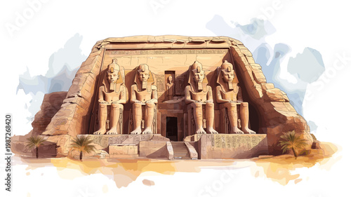 Abu Simbel. Abu Simbel hand drawn watercolor illustration on white background