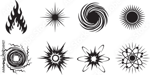 Abstract cosmic energy symbol set featuring flame star burst swirl sun sparkle explosion atomic structure and electrical vortex icons.