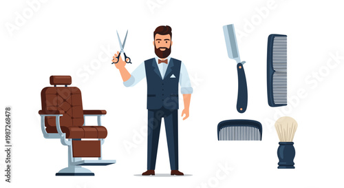 Professional barber holding scissors standing next to a classic leather barber chair and various hair grooming tools.
