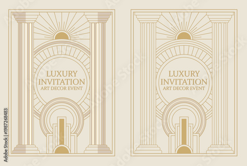 Symmetrical Art Deco Luxury Invitation Template with Classical Columns, Sunburst and Architectural Geometry