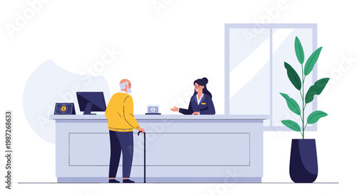 Elderly man with a walking cane standing at a bank service counter talking to a helpful female teller in a modern office.