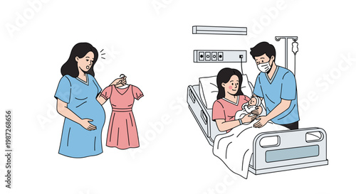 Scenes of early parenthood showing a pregnant woman preparing clothes and a new mother holding her baby in a hospital bed.