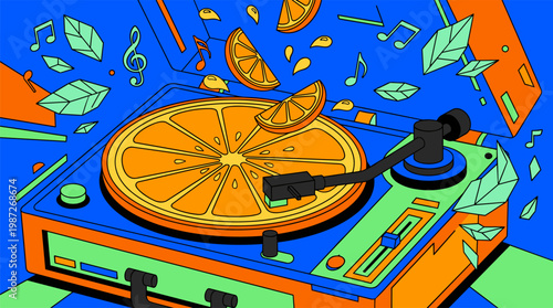 Vintage Record Player Spinning Giant Orange Slice Pop Surrealism Flat Illustration with Bold Outlines