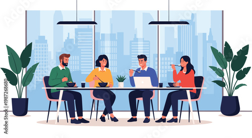 Four colleagues sharing a meal and conversation during their lunch break in a bright, modern office with city views.