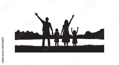 Family silhouette standing together by lake during sunset with arms raised showing happiness in peaceful nature landscape.