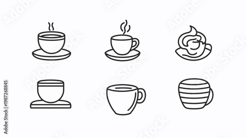 Collection of stylized line art illustrations depicting various coffee and tea cups with steam and cream