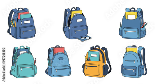 Collection of various school backpacks in different colors and styles filled with books, notebooks, and essential stationery.