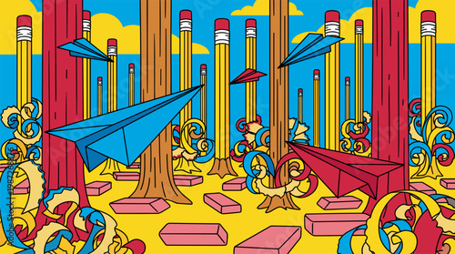 Paper Airplanes Flying Through Pencil Forest Pop Surrealism Flat Illustration With Bold Outlines
