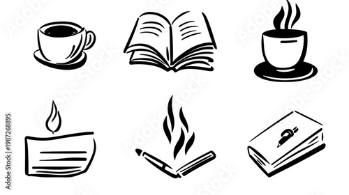 Six simple, monochromatic illustrations including coffee, books, candles, and a burning match