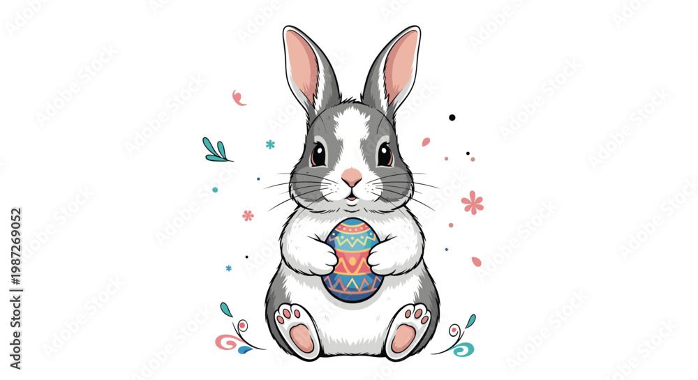 Fototapeta premium Adorable grey and white bunny rabbit holding a colorful decorated easter egg surrounded by beautiful floral motifs.