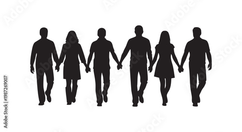 Family silhouettes holding hands walking together as a unified group.