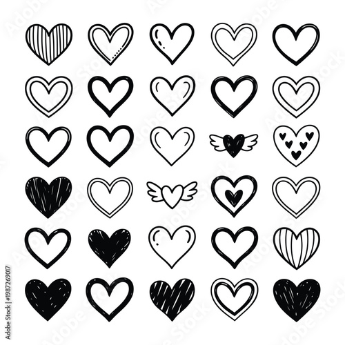 Large collection of doodle heart icons featuring different textures and styles for love related projects and digital scrapbooking.