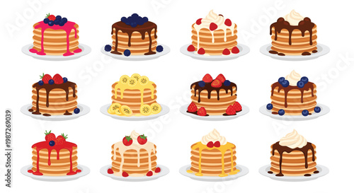 Assorted collection of twelve delicious pancake stacks topped with various fresh fruits and flavored syrups.